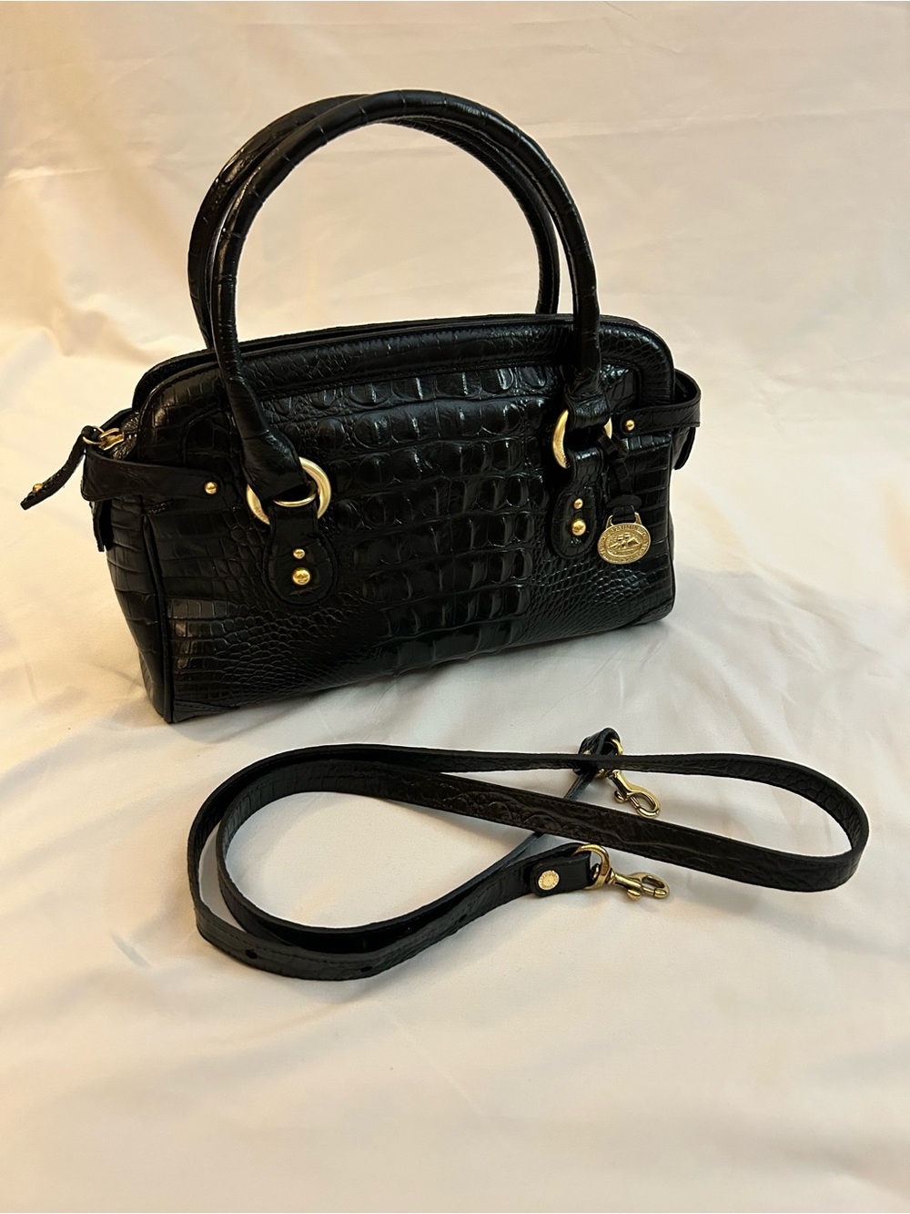 Brahmin Black Croc-Embossed Leather Satchel